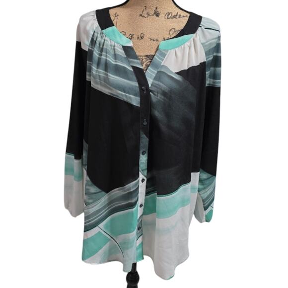 CALVIN‎ KLEIN ABSTRACT Black and Teal Button-Up Blouse Plus Size 3X - Picture 1 of 7